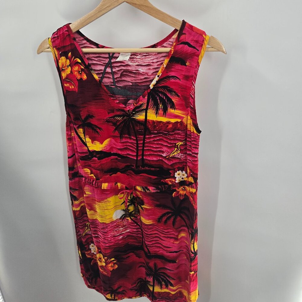 Vintage Palmwave Hawaii Pink Red 100% Rayon Beaded Tie Aloha Dress Size Small